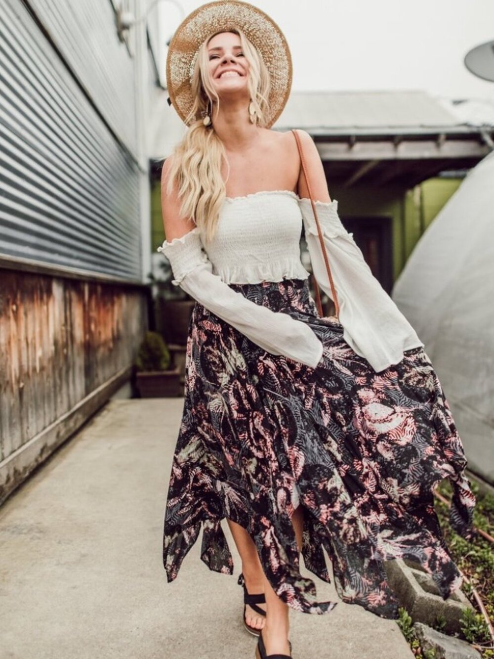 Free People Black Purple Floral Print Handkerchief Maxi Midi Slip Skirt